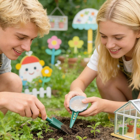 Two people using Adjustable Seed Spreader Tool With Comfortable Grip For Easy Planting, surrounded by garden decorations