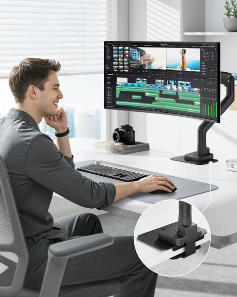 Rock Solid Adjustable Steel Monitor Mount Reinforcement Plate And Desk Stabilizer With Extra Wide Eva Base to support heavy screens.