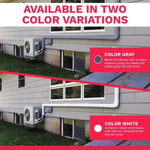 Paintable Gray Lineset Cover Kit For Ductless Mini Split AC System in gray and white color variations on exterior wall