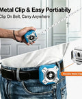 Hella Reliable Zero Hassle Two In One Laser Tape Measure With 131 Foot Laser Distance Meter and 16 Foot Retractable Steel Measuring Tape showing metal clip for easy portability.