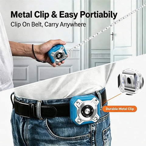 Hella Reliable Zero Hassle Two In One Laser Tape Measure With 131 Foot Laser Distance Meter and 16 Foot Retractable Steel Measuring Tape showing metal clip for easy portability.