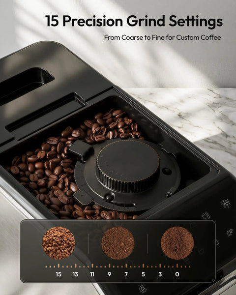 15 Precision Grind Settings for Top Shelf Fully Automatic Espresso Machine With Built In Grinder, 20 Bar Pressure, Silver