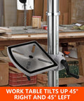 Built Tough Heavy Duty 15 Inch Cast Iron Bench Drill Press With Knockout 7 Point 5 Amp Pure Copper Motor showing adjustable work table.