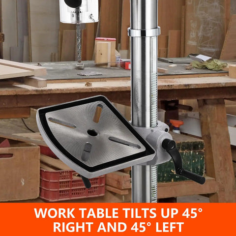 Built Tough Heavy Duty 15 Inch Cast Iron Bench Drill Press With Knockout 7 Point 5 Amp Pure Copper Motor showing adjustable work table.