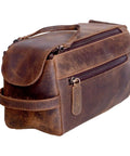 Premium Travel Wash Bag For Men And Women Rock Solid Buffalo Leather Shaving Kit Pouch with external zipper and handle.