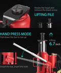 Front view of SPECSTAR red 20-ton bottle jack with manual pump and long silver handle installed for auto repair