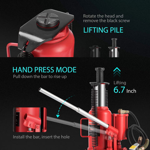 Front view of SPECSTAR red 20-ton bottle jack with manual pump and long silver handle installed for auto repair