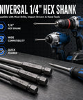 Universal 1/4" Hex Shank bits for drills, S2 steel, showing various sizes like PH2, T15, SL6, compatible with tools.