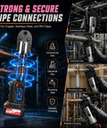21V Mini Copper Press Tool Electric Pro Battery Powered Handheld Crimping Device in use for plumbing jobs with copper pipes.
