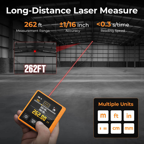 Three In One Laser Measure With 262 Ft Range, Digital Angle Finder And Digital Level, Pro Grade Tool For Pros On The Job, Ultra Fast 0.3 Second Readings, Plus Minus One Sixteenth Inch Accuracy, Six Unit Options M In Ft Ft Plus In Cm Mm. Handheld laser measure with 262 ft range and multiple units