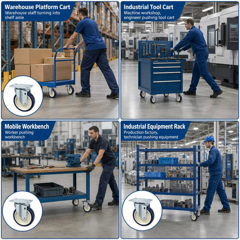 Premium 5 Inch Caster Set Brings Rollin Smooth Moves To Your Workflow Using Silent Nonmarking Polyurethane Wheels on tool cart.
