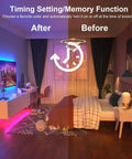 Room with LED Backlight Kit For 70 To 85 Inch TVs, 20ft USB Powered Light Strip, showing before and after color-changing effects.