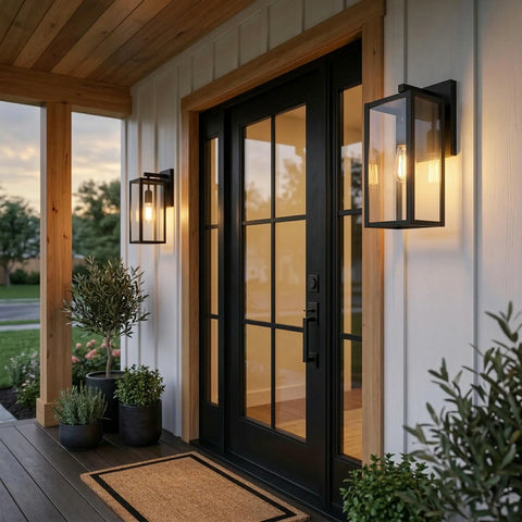Modern porch with One Light Outdoor Indoor Wall Sconce Dope Matte Black Finish With Clear Glass Shade Weather Resistant Modern Exterior Lighting