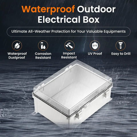 Outdoor WiFi Enclosure IP67 Waterproof Junction Box 14.6 x 10.6 x 5.9 Inches Clear ABS Plastic Weatherproof showing features.