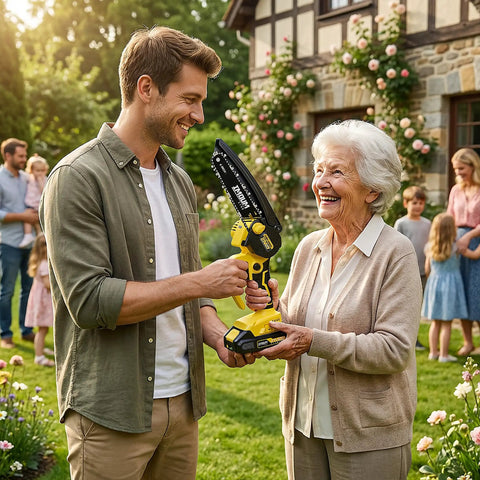 6-Inch Cordless Mini Chainsaw 21V 2.0Ah Battery Powered Pruning Saw held by elderly woman and man in garden