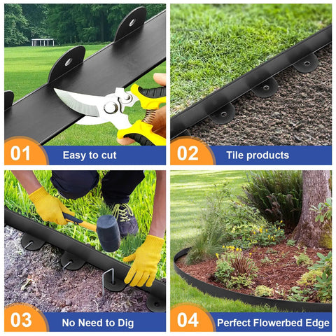 Flexible Plastic Landscape Edging Kit With 120 Metal Spikes being installed in garden, shown in four steps with tools and lawn.