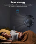 16 Inch Pedestal Floor Fan With 90 Degree Oscillation Three Speed Settings Adjustable Height in bedroom next to sleeping woman