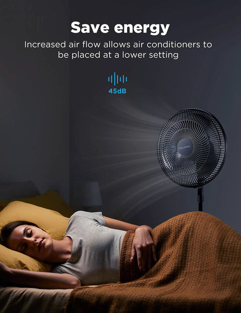 16 Inch Pedestal Floor Fan With 90 Degree Oscillation Three Speed Settings Adjustable Height in bedroom next to sleeping woman