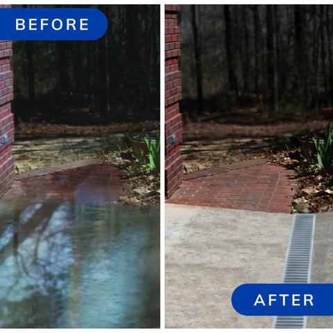 Before and after installation of Channel Drain Kit With Galvanized Grates And End Caps For Deep Profile Runoff by walkway