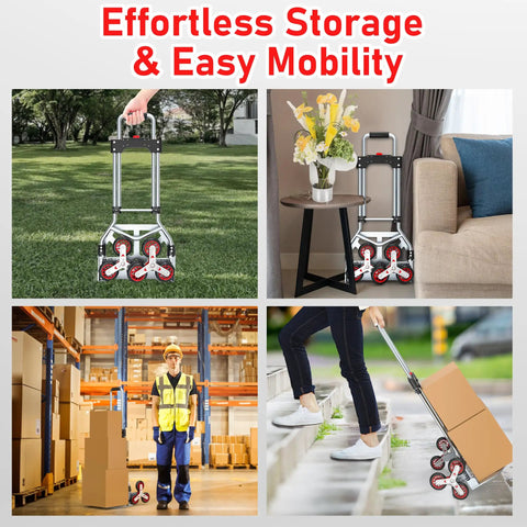 Image of Rock Solid Stair Climbing Dolly Boasting Six Smooth Wheels And A Snappy Telescoping Handle in various settings.