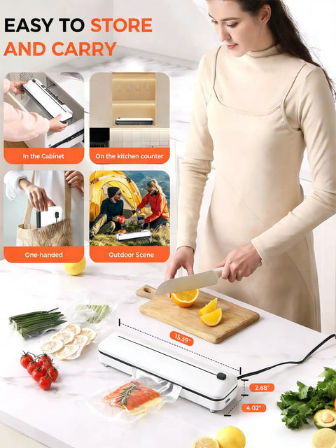 Beast 6 In 1 Vacuum Sealer For Fresh Food With 75KPa Moist And Dry Modes in kitchen with food, compact and lightweight design.