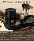 Detachable Handle 19 Piece Nonstick Cookware Set For Induction Cooktops with saucepans, pans, and silicone lids displayed.