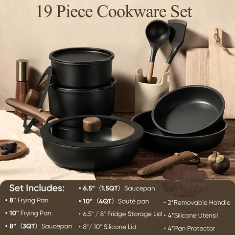 Detachable Handle 19 Piece Nonstick Cookware Set For Induction Cooktops with saucepans, pans, and silicone lids displayed.
