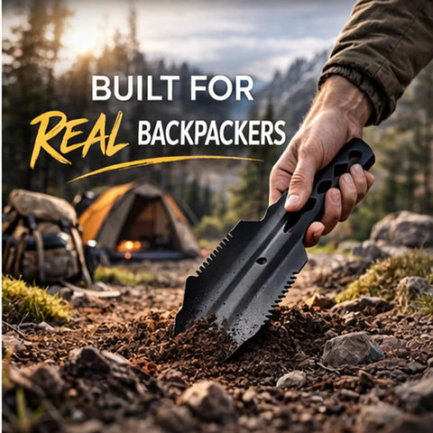 Hand using ultralight backpacking trowel shovel for camping and hiking, 27g anodized aluminum tool, digging in dirt at campsite