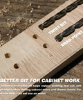 Precision Cabinet Handle Jig With Micro Adjustable Base For Drawer Pull Templates And Hella Smooth Drilling Control showing brad-point and twist bits on wood.