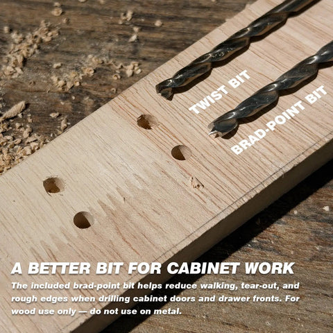 Precision Cabinet Handle Jig With Micro Adjustable Base For Drawer Pull Templates And Hella Smooth Drilling Control showing brad-point and twist bits on wood.