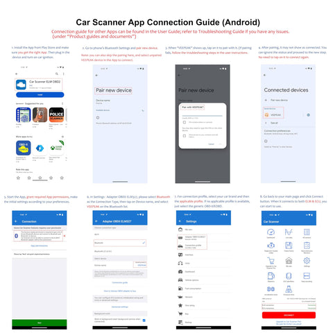 Car Scanner App Connection Guide for Android shown on smartphone screens for OBD II Bluetooth Scanner With BLE For iOS And Android