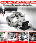 Heavy Duty 3 Jaw Dividing Head Combined With 6 Inch Rotary Indexer Featuring Zero To Ninety Degree Precision Rotation Built Tough For Cnc Milling, mounted and in use with milling tools.