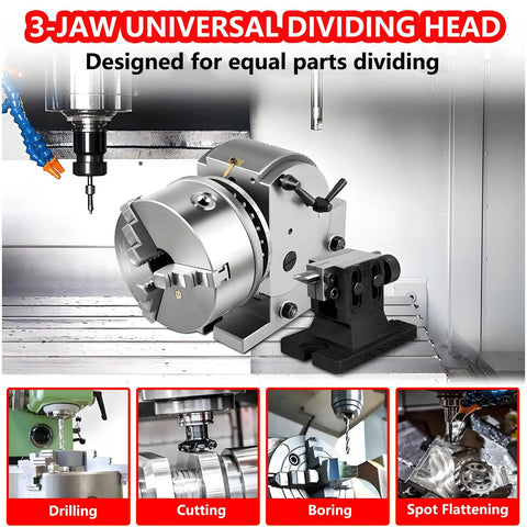 Heavy Duty 3 Jaw Dividing Head Combined With 6 Inch Rotary Indexer Featuring Zero To Ninety Degree Precision Rotation Built Tough For Cnc Milling, mounted and in use with milling tools.