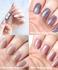 Cat Eye Magnetic Gel Nail Polish Kit With Holographic Glitter Quick Dry Formula on nails showcasing three color styles.