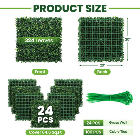 Boxwood Hedge Panel Pack 24 Count 20 By 20 Inches Artificial Grass Wall Backdrop shown with zip ties and coverage area
