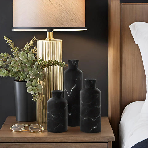 Black Marble Look Vase Set With Dope Matte Resin Finish, Modern Home Decor For Pampas Grass, Dried Or Fresh Flowers on bedside table