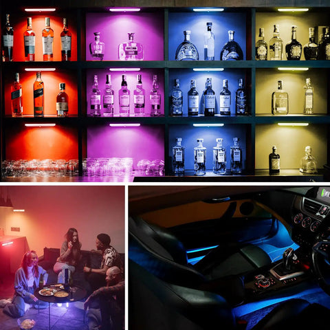 Wireless RGB Under Cabinet Lighting Kit With 48 LEDs Per Bar, illuminating bottles on a bar shelf in various colors.