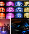 Six Pack Wireless Under Cabinet Lights With Remote USB Rechargeable RGB LED Bar Kit illuminating shelves and car cabin.