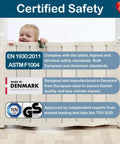 Child behind Guard Me Retractable Safety Gate for Extra Wide Openings 21.6 to 44.6 Inches, showing safety certifications.