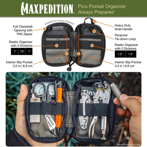 Open Pico Pocket Organizer Ultra Compact EDC Gear Pouch displaying tools and gadgets in elastic divisions, black pouch.