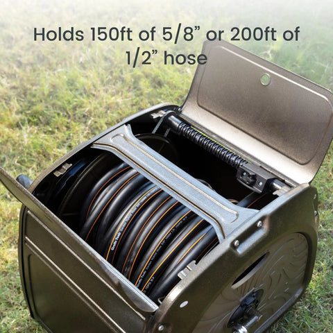 Heavy Duty Metal Hose Reel Box With Crank Handle For Easy Winding, Holds Up To 150 Feet Of Five Eighth Inch Hose