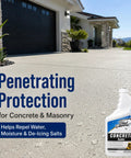 Concrete driveway protected with Penetrating Concrete Sealer For Driveways, Patios, Pavers, Brick, Grout And Masonry Protects Indoor And Outdoor Surfaces From Water And Weather Damage With A Low Odor Formula That Reduces Moisture, Cracking, Stains And Salt Damage bottle visible.