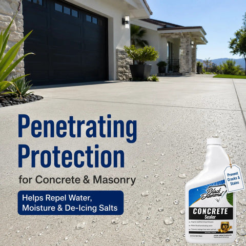 Bomb Proof Clear Concrete Sealer Water Based Waterproofing Spray Slap It On Driveways Or Patios For Crack Free Dry Ground And Stain Proof Grout Low Odor Real Tough Coverage 4 Gallon on a driveway with water droplets.