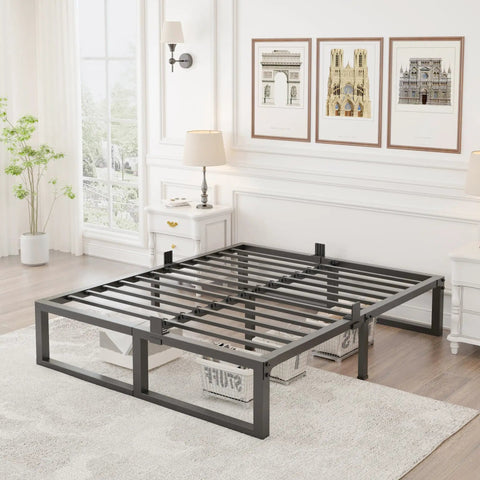 Rock Solid Queen Bed Frame Built Tough For Real Life, 14 Inch Steel Slat Platform in modern bedroom setting.