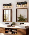 Farmhouse Vanity Light Three Light Wood Over Mirror Fixtures Black Industrial Metal Shade Rustic Bathroom Lighting for Living Room Bedroom Hallway Decor installed above mirror