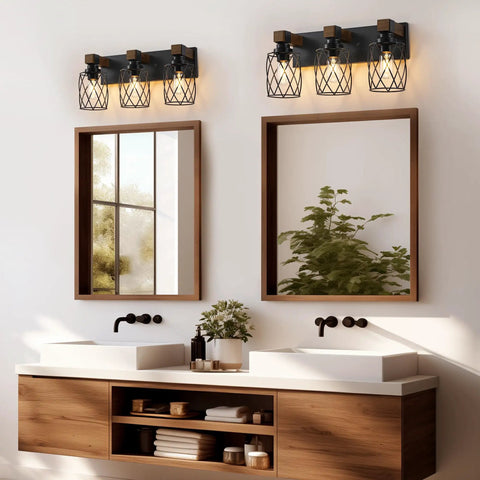 Farmhouse Vanity Light Three Light Wood Over Mirror Fixtures Black Industrial Metal Shade Rustic Bathroom Lighting for Living Room Bedroom Hallway Decor installed above mirror