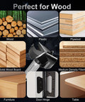 Top Shelf 35mm Carbide Forstner Drill Bit With Triple Flute Design shown with wood types and products for woodworking applications.