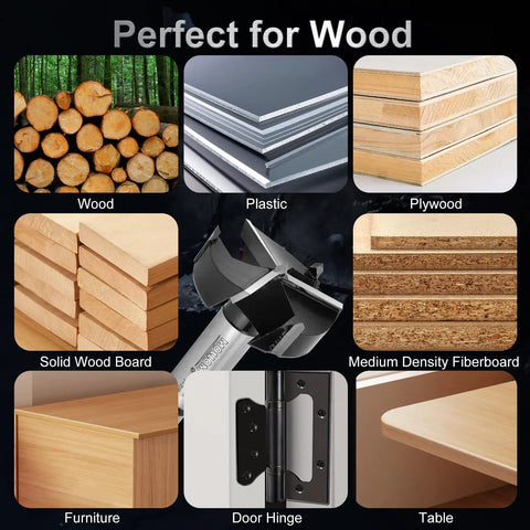 Top Shelf 35mm Carbide Forstner Drill Bit With Triple Flute Design shown with wood types and products for woodworking applications.