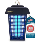 Big Yard Electric Bug Zapper For One Acre Outdoor Space With Dual Lure Method, 40W UV Light And Octenol Attractant, 5600V Kill Grid, Made In USA UL Certified displayed with blue grid and USA label.
