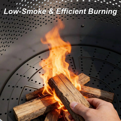 37 Inch Smokeless Fire Pit Tabletop with wood burning, showcasing low smoke fire ring and double wall ventilation for fuller burn.